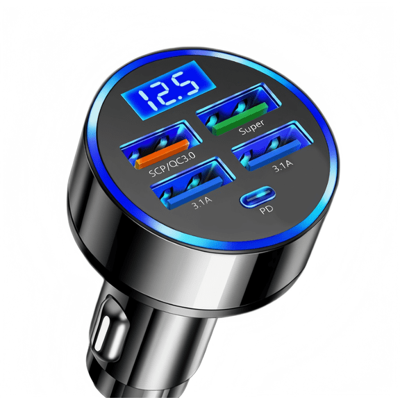 120W 5-Port Car Charger with PD Fast Charging & LED Voltage Display – USB C Cigarette Lighter Adapter (4 USB 1 PD) for iPhone, Android & Multiple Devices