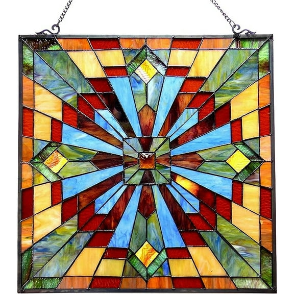Tiffany Style Glass Window Panel with Geometric Design, Multicolor