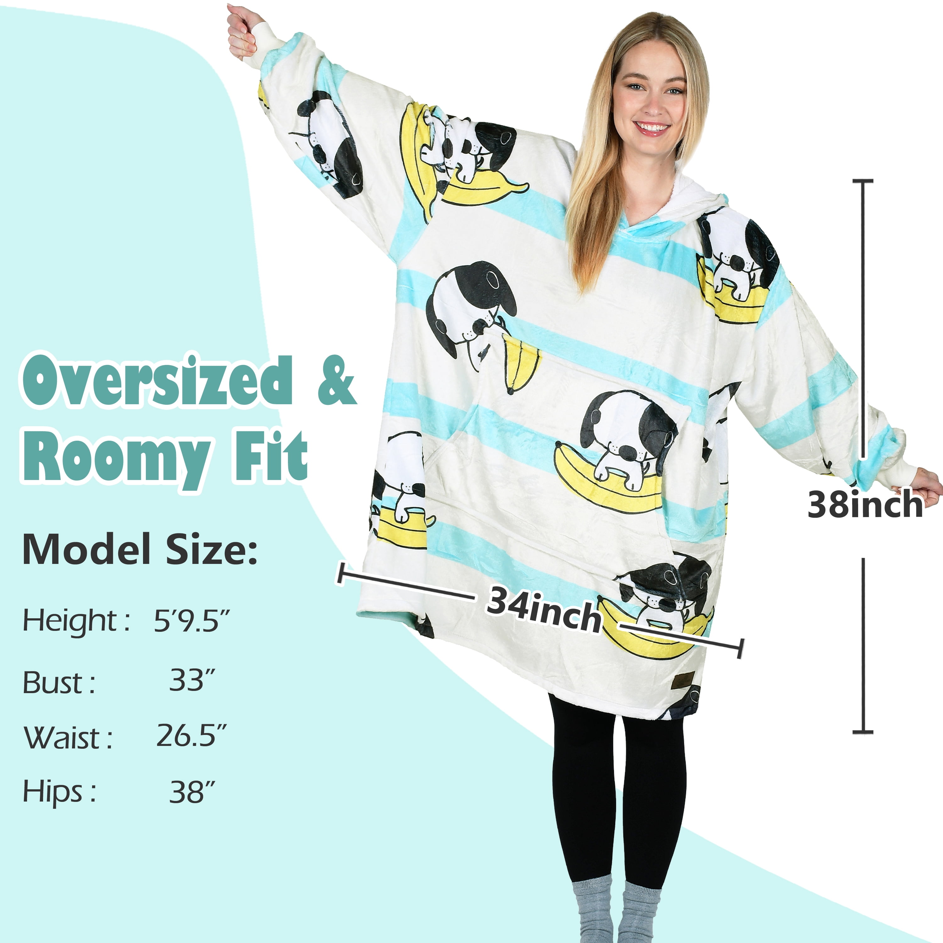 Catalonia Banana Dog Printed Oversized Blanket Hoodie Sweatshirt, Wearable Fleece Pullover for Adults Men Women