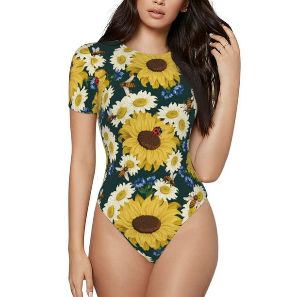 Balery Sunflowers Body de cuello redondo de manga corta para mujer Tops de manga corta Tops básicos-Large