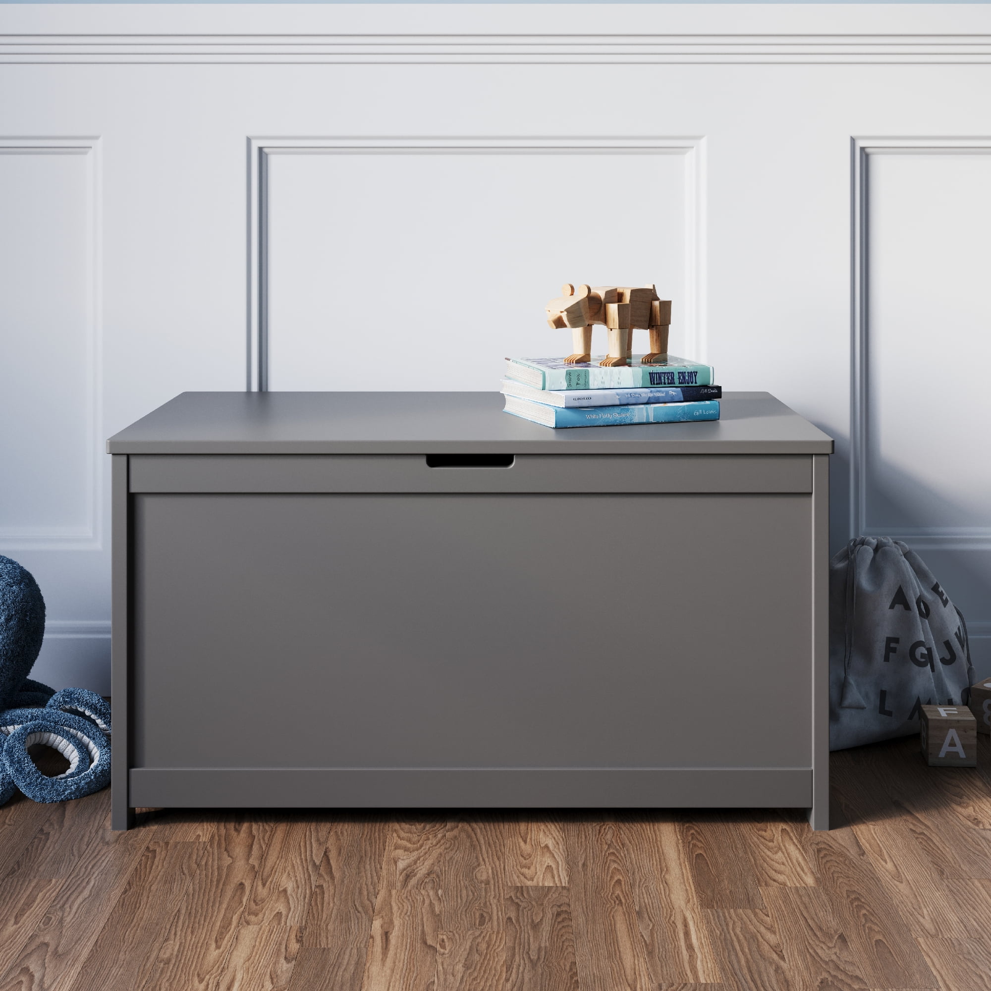 Child Craft Harmony 33" Kids Toy Box Storage Chest, Soft-Close Hinges, Wooden Construction, Cool Gray
