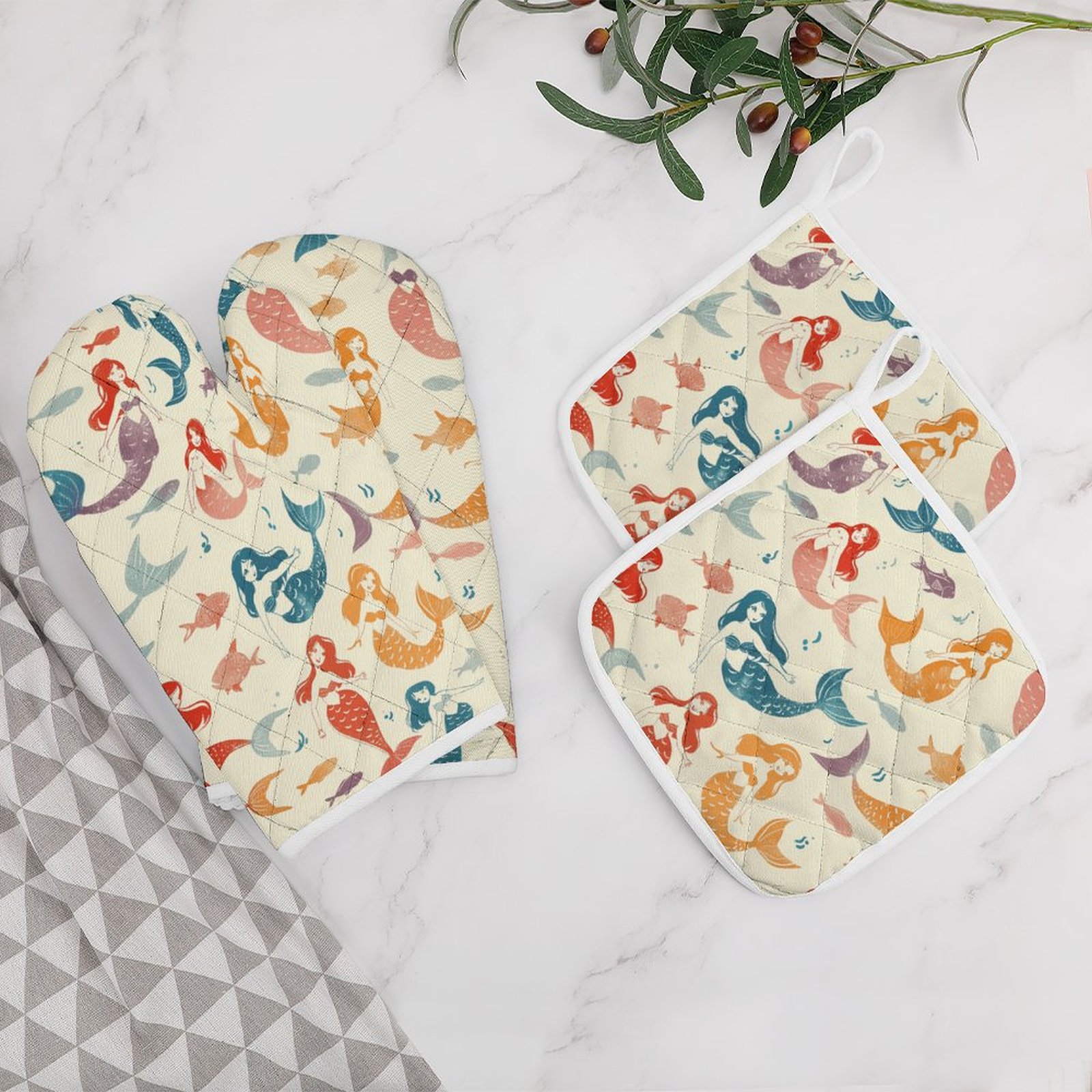Ocean Cute Mermaid Oven Mitts And Pot Holders Sets of 4 Oven Gloves Set Potholders for Kitchen Cooking Baking Grilling Anti Scald Hot Pads And Heat Resistant