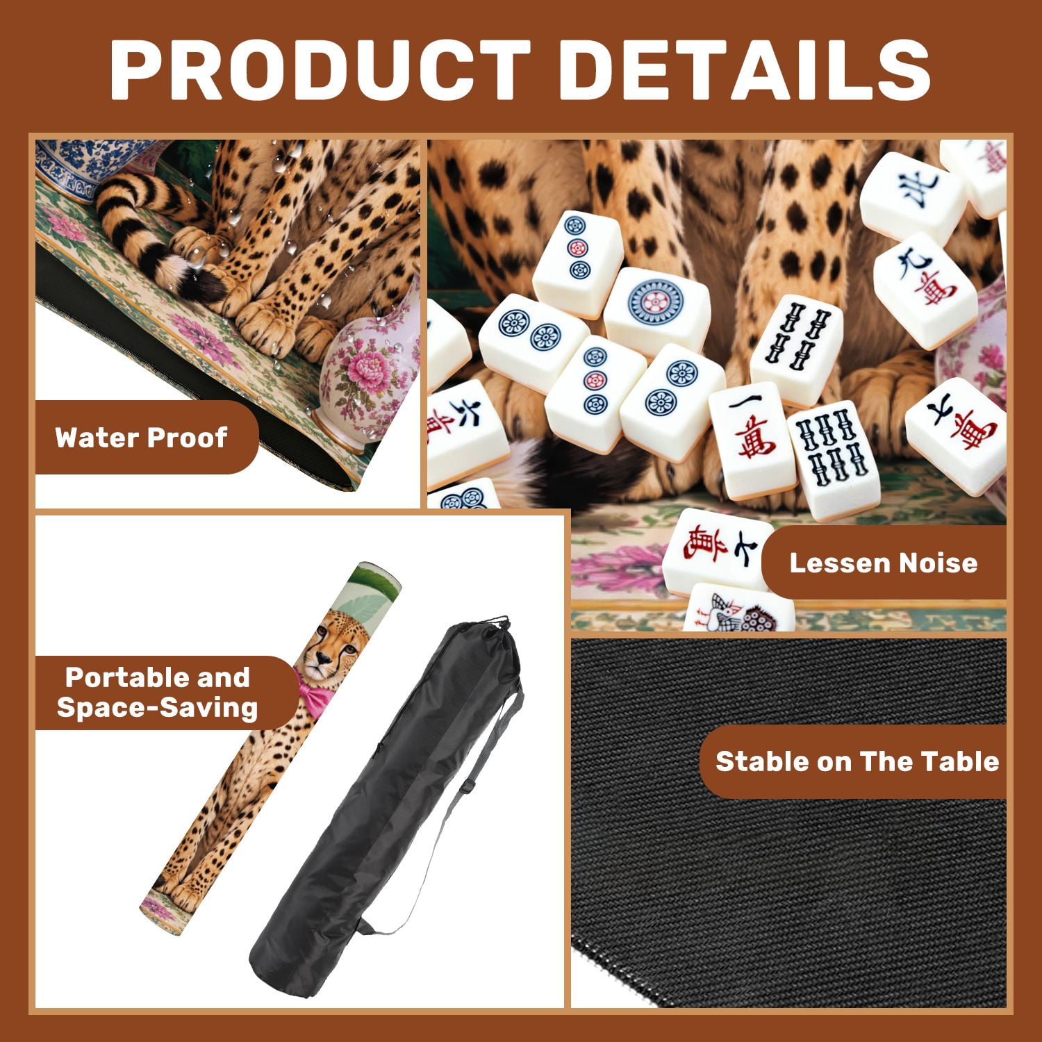 Mahjong Mat 31.5" x 31.5" Blue Cheetah Pink Bowtie Among Vibrant Pink Flowers Porcelain Vases Non-Slip Noise Reduction Mahjong Tiles Table Cover for Dominoes Poker Card Board and Tile Games