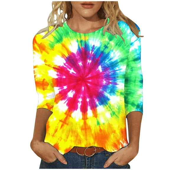 CYMMPU Summer Trendy Shirts 3/4 Sleeve Tie Dye Blouses for Women Dressy Casual Spring Tops Loose Fit Round Neck Tunic Tops Ombre T-Shirts Multicolor XXXXXL