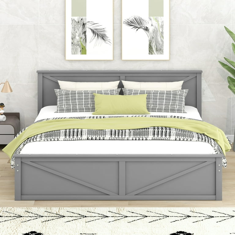 Clearance King Size Wooden Platform Bed with Four Storage Drawers and Support Legs Gray