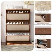 YOCWO Shoe Storage Cabinet with 3 Flip Doors for Entryway, Free Standing Linen Shoe Organizer with Open Shelf, Walnut