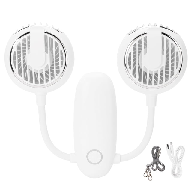 Ventilador USB de doble cabezal, giratorio 360°, portátil, para colgar en el cuello, para viajes al aire libre, blanco