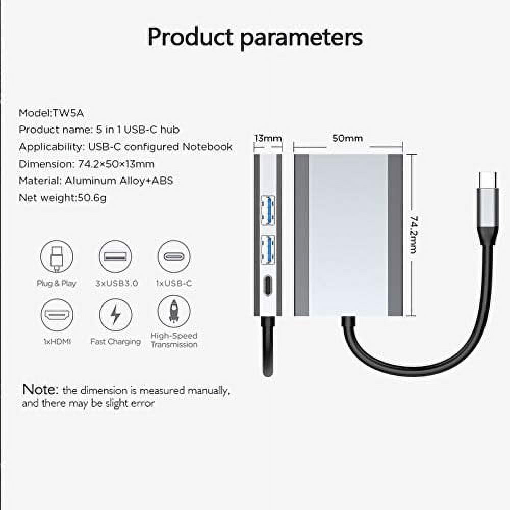 THYMOBO USB C to USB Hub Portable Aluminum USB Type C Adapter with 3 USB 3.0 Ports USB C to 4K HDMI & USB C Charging Port, Compatible with MacBook Pro Nintendo Switch and Windows Type C Laptops -Grey