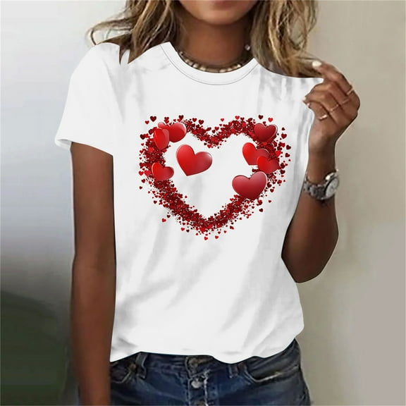 SOOMLON Women Valentine's Day Tops Girl Friend Valentines Gift Casual Short Sleeve Crewneck T Shirts Cute Heart Print Tops Trendy Festival Clothes 2025 White XL