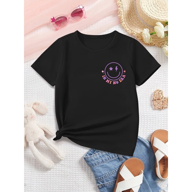 1pc Girls' Summer Short Sleeve T-Shirt, "In My No Era" Letter Print, Casual Crew Neck, Cotton Knit Top with Slight Stretch, Regular Fit, Alphabet Pattern, Applique Detail - Black