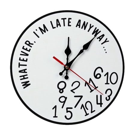 12in Funny Sarcastic I'm Late Anyway wooden Wall Clock | Silent Sweep Movement Novelty Gag Gift Decor, Battery Not Included, Ideal for Home Office, Dorm, Man Cave