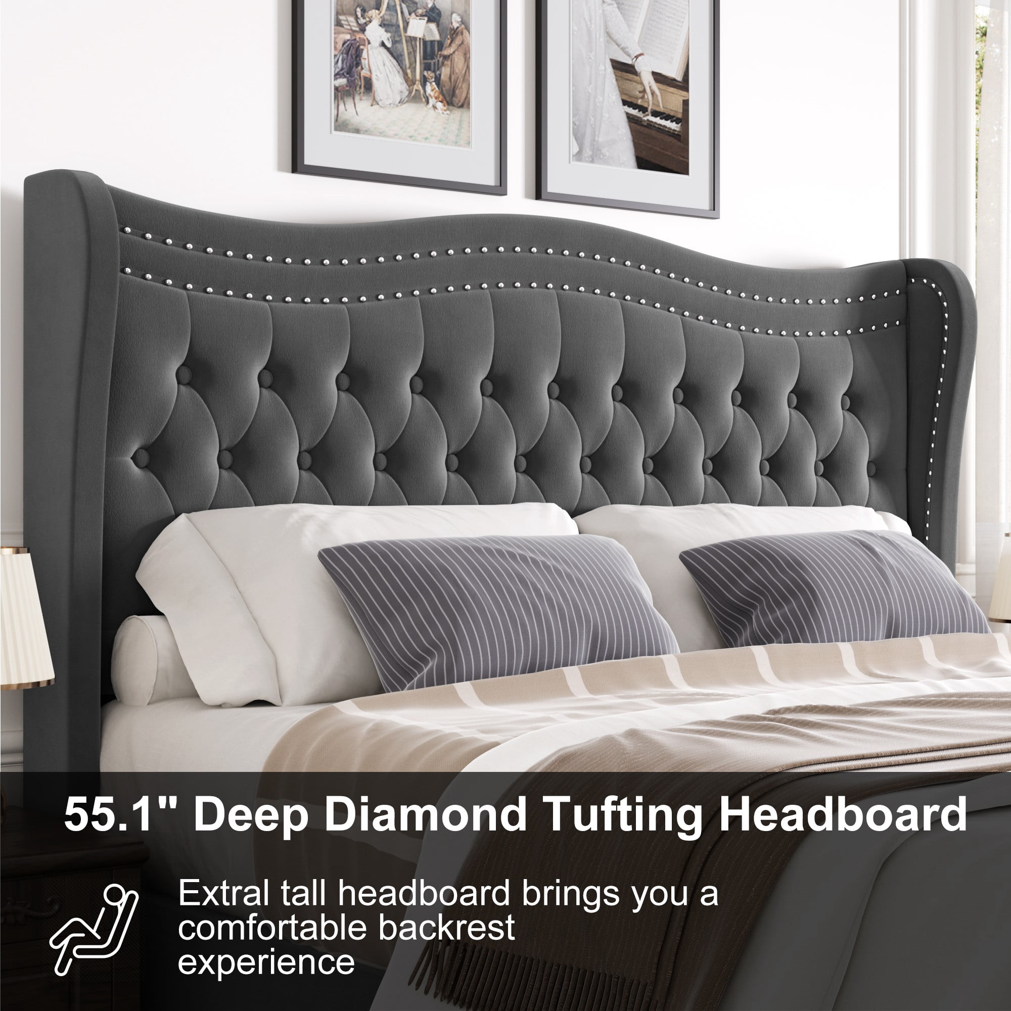 BSHTI Upholstered Queen Size Bed Frame – Diamond Tufted Wingback Headboard, No Box Spring Needed（Grey）