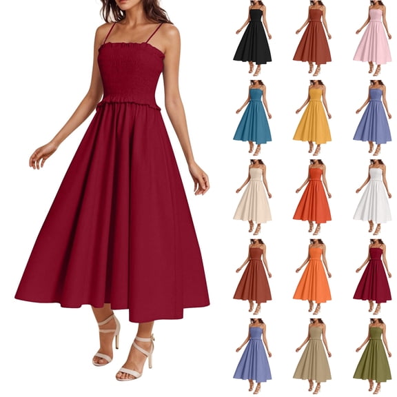 Womens Dresses Solid Pleated Dresses for Women Round Neck Sleeveless Casual Womens Dresses, Wine-S