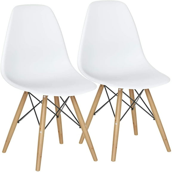 Dining Chairs Set of 2 White, Pre Assembled Mid Century Modern Dining Chairs with Wood Legs, Armless Kitchen Chairs, Plastic Dining Side Chair for Dining Room, Kitchen, Living Room