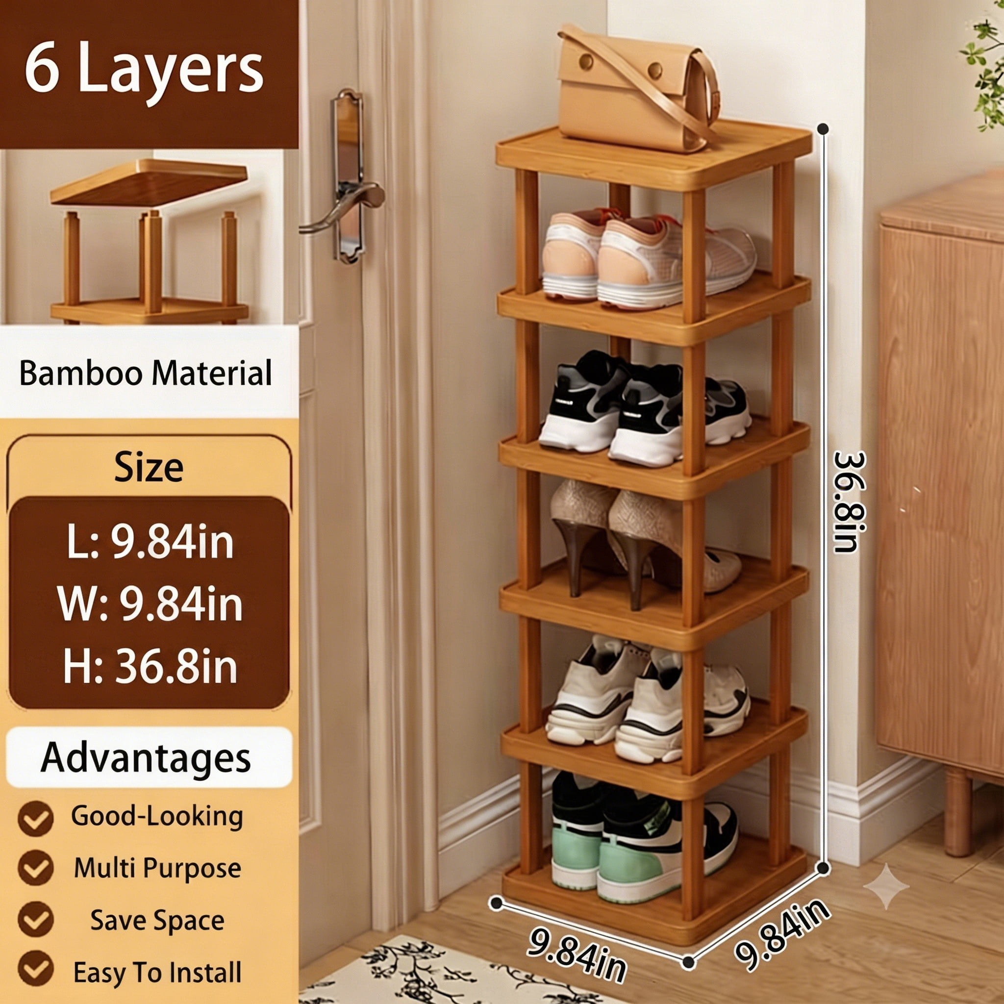 6 Tier Bamboo Shoe Rack, Narrow Vertical Shoe Organizer for Entryway, Closet and Small Spaces, Holds Up to 6 Pairs