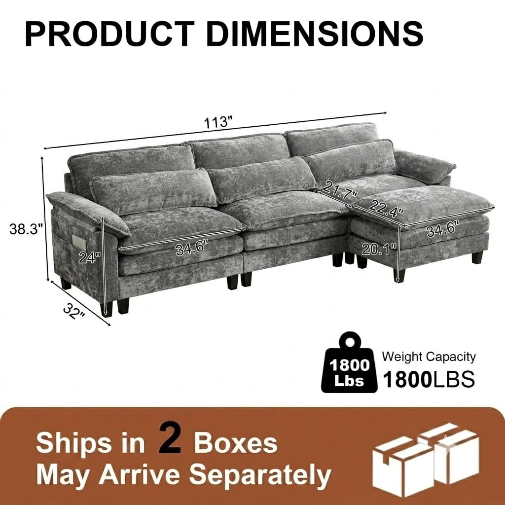 Howcool Cloud Couch Modular Sectional Sofa 3 Seat 113" L Shaped Convertible Couch Chenille Thick Cushion with Ottoman, Removable & Washable Cover for Living Room, Grey