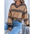 thumbnail image 3 of Womens Oversized Striped Tunic Sweaters Casual V Neck Long Sleeve Color Block Knit Pullover Jumper Tops Khaki L, 3 of 8