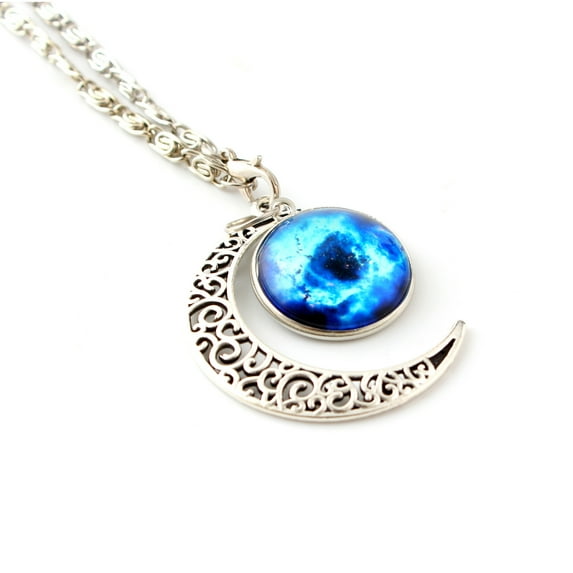 Women Galaxy Universe Crescent Moon Glass Cabochon Pendant Necklace - Galaxy Blue