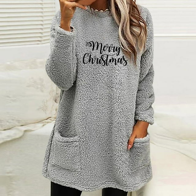 LSLJS Hauts Thermiques pour Femmes, Blouse à Col Rond et Imprimé d'Hiver avec Poche, Manches Longues Chaudes