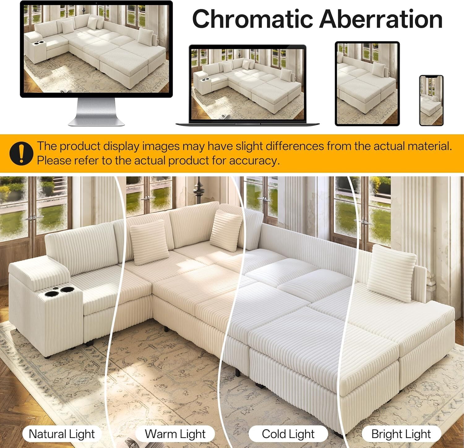 Sectional Sleeper Sofa with Pull Out Bed,110" L-Shaped Modular 6-Seater Cloud Sectional Couch,Convertible Corduroy Sofa for Living Room,Ottoman with USB Charging Ports & Cup Holders,Beige