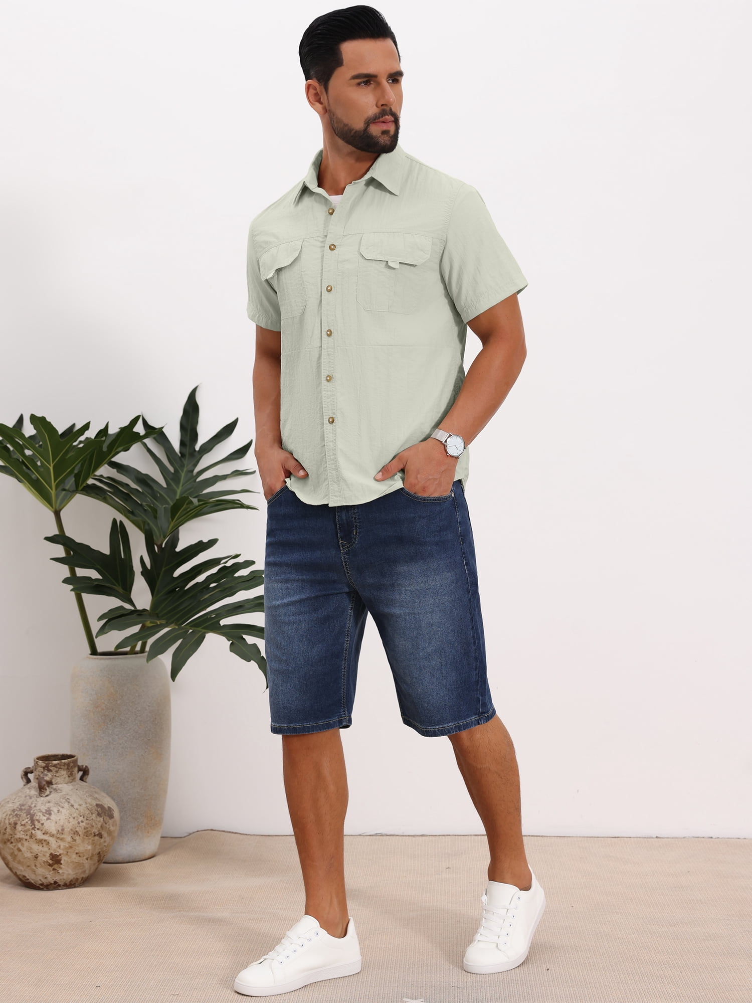 DARING DIVA Men's Solid Cargo Short Sleeve Button Down Utility Shirts M White