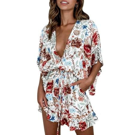 

GuliriFei Women V-neck Floral Print Romper Stylish Short Sleeve Jumpsuit