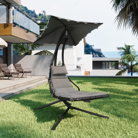Durable & Comfortable Outdoor Hanging Curved Steel Chaise Lounge Chair – Removable Canopy & Cushion, Patio Hammock Lounger for Garden, Poolside, Porch, Dreamy Hammock   Gray Fabric Mat
