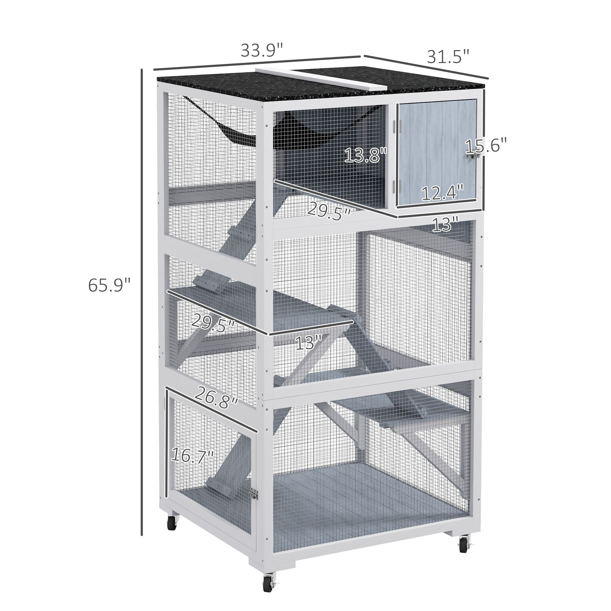 PawHut Outdoor Catio Enclosure, Multi-Level Fir Wood Cat Cage with Hammock, Ramps, and Nap Box, Mobile Wheels, Weather-Resistant Asphalt Roof, 33.75"L x 31.5"W x 66"H, Light Gray