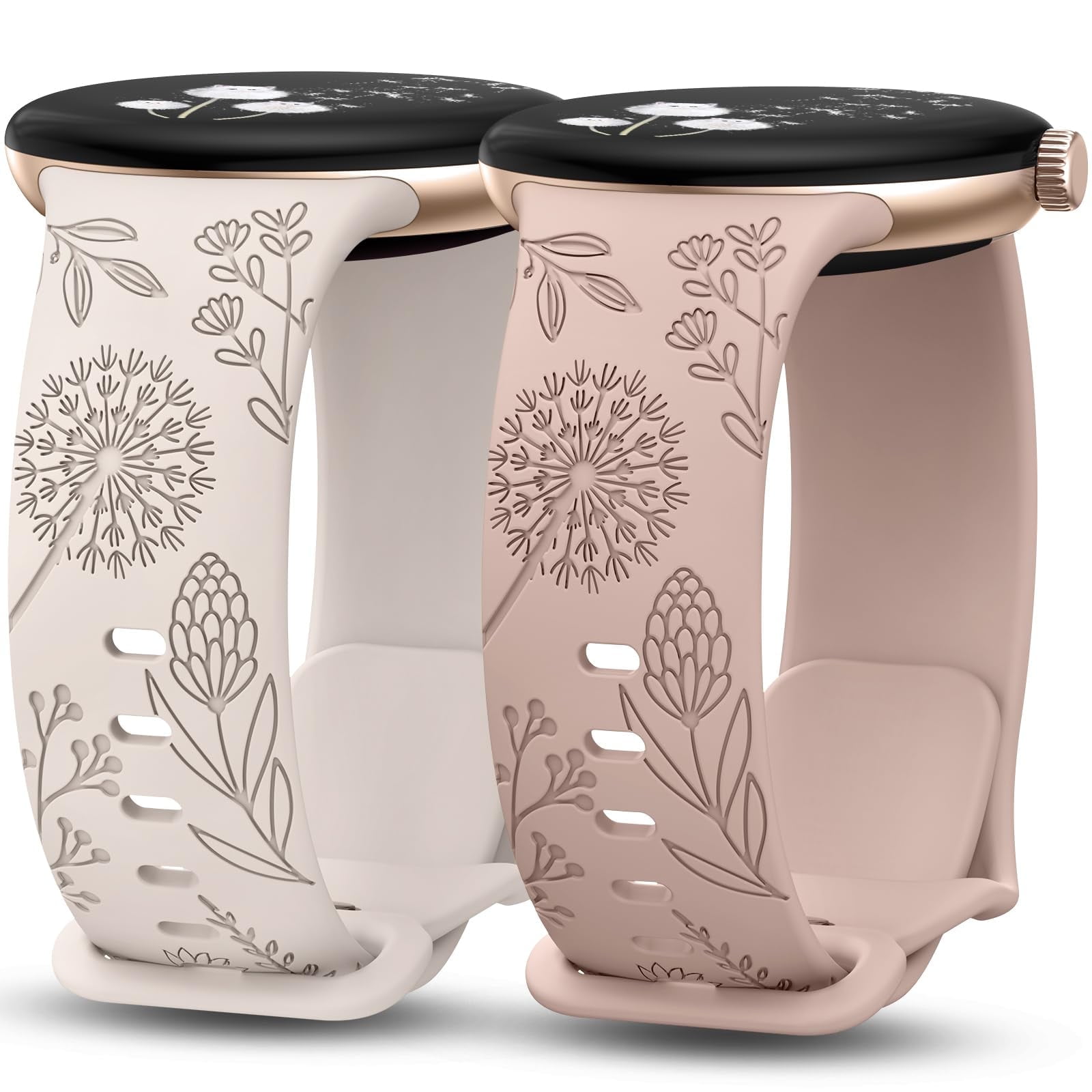 TOYOUTHS 2 Packs Floral Engraved Bands Compatible with Google Pixel Watch 3 41mm/ Pixel Watch 2/Google Pixel Watch Band Women, Cute Soft Silicone Flower Sport Fancy Summer Straps