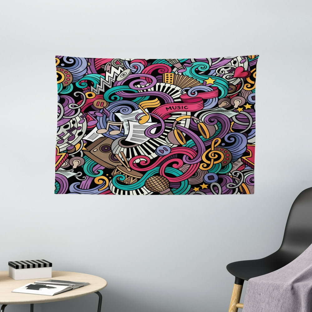 Doodle Tapestry, Music Themed Hand Drawn Abstract Instruments