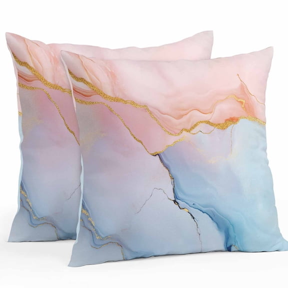 Golden Lines Outdoor Pillow Covers Set of 2 Marble Blue Ombre Pink Modern Abstract Waterproof Throw Pillow Case Decorative Square Cushion Cover for Patio Couch Garden Balcony, 26"x26"
