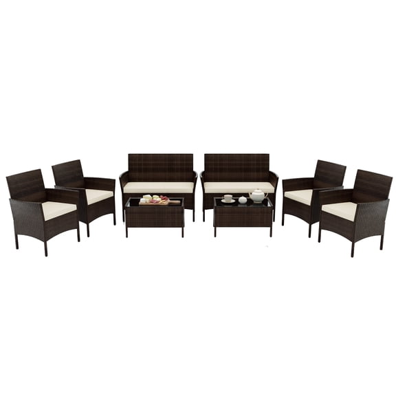 ELLEGNT 8-Piece Outdoor Patio Furniture Set, PE Rattan Wicker Conversation Set with Cushions and Tempered Glass Coffee Table, Outdoor Sectional Sofa Seating for Garden, Backyard, Poolside, Beige