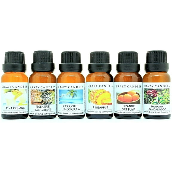 Crazy Candles 6 Bottle Set (Made in USA) 1 Coconut Lemongrass, 1 Hawaiian Sandalwood, 1 Orange Satsuma, 1 Pineapple, 1 Pineapple Tangerine, 1 Pina Colada 1/2 Fl Oz Each (15ml) Premium Fragrance Oils