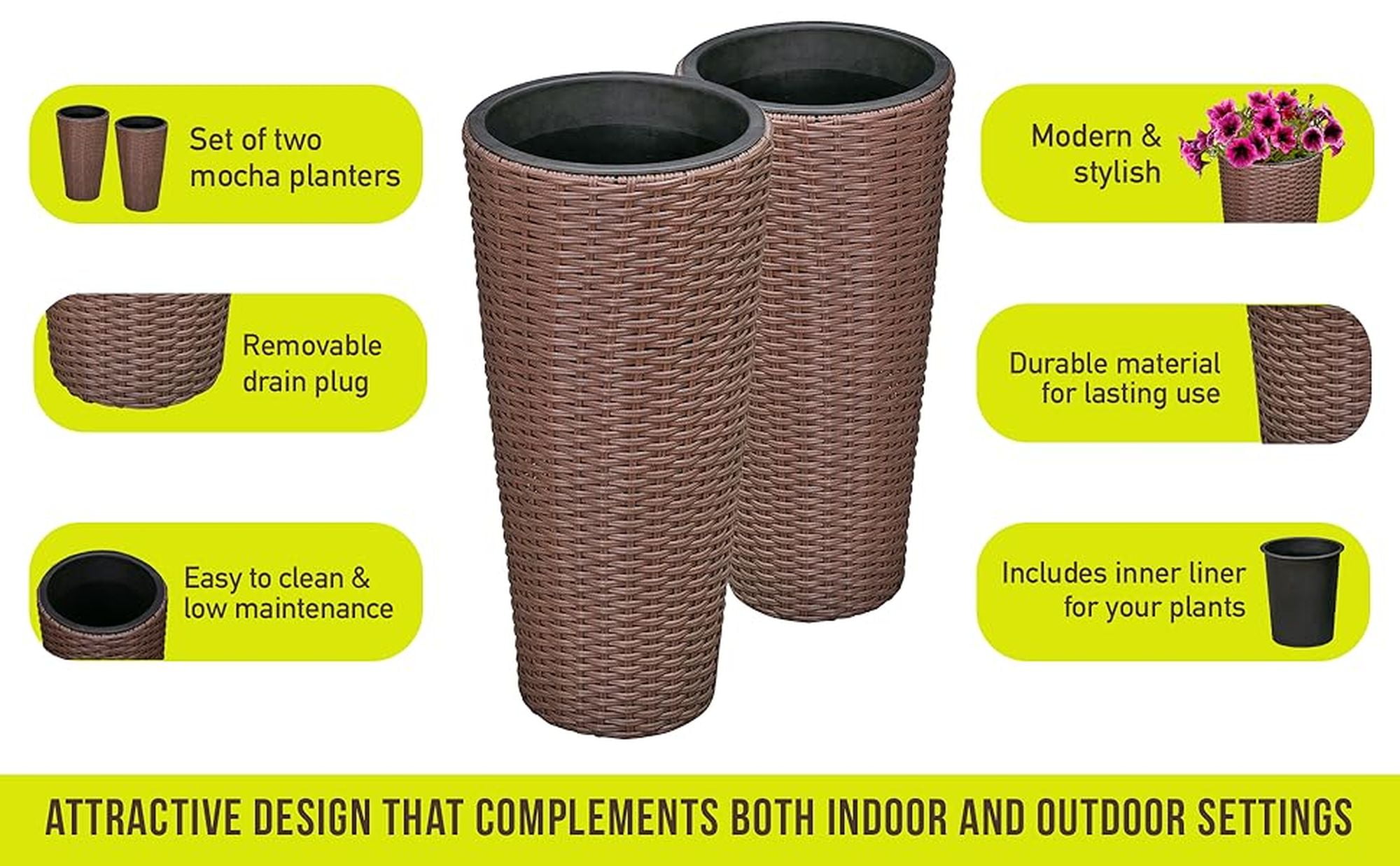Noah Round Wicker Planter Tall Planter Decor Box for Outdoor Furnishings Versatile-2 Piece Set-Mocha