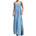 thumbnail image 1 of Vestido largo ajustable de denim azul clásico para mujer: diseño con tirantes, tejido elástico, adecuado para ocasiones diarias/formales, varias tallas, 1 of 5