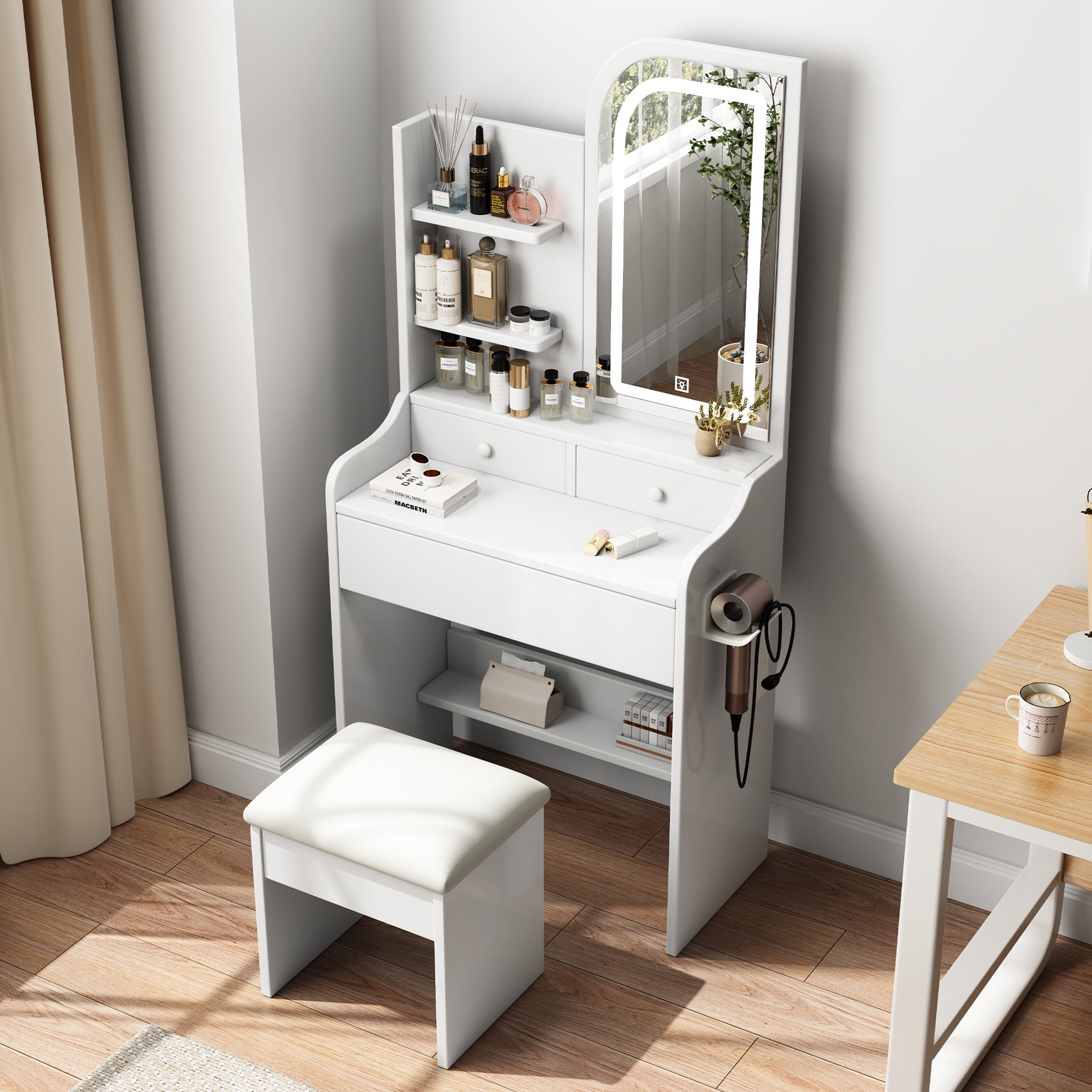 Aukfa Makeup Vanity Set with Mirror & Hair Dryer Holder, LED Vanity Desk for Girlss, White