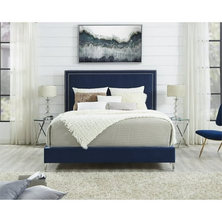 Tristan Blue Velvet Platform Bed Frame - King Size - Nailhead Trim