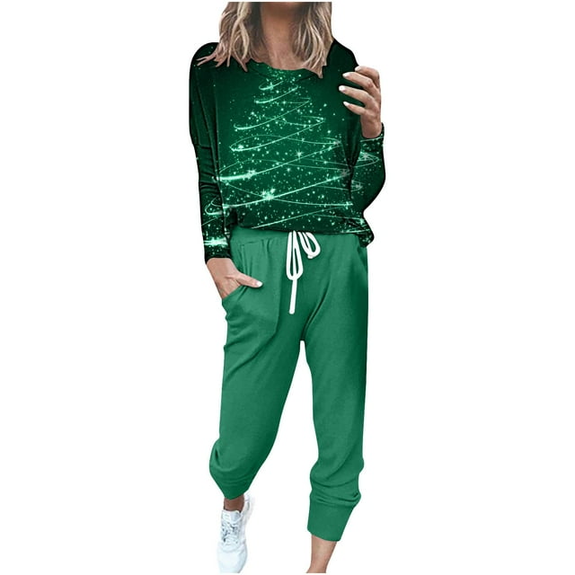 Posijego Ensemble de Survêtement de Noël pour Femmes Imprimé Manches Longues Col Rond Joggeurs 2 Pcs Tenues de Détente