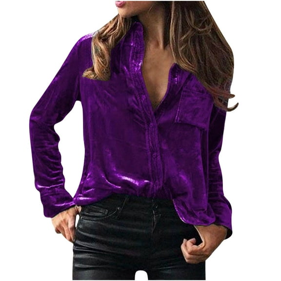 Fanxing Velvet Tops for Women Button Down Shirts Elegant Lapel Collar Velour Tops Spring Casual Long Sleeve Shirt Blouse with Pocket Purple M