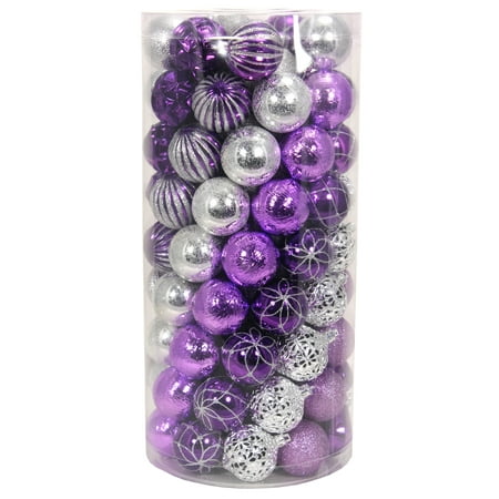 Holiday Time Purple Silver Shatterproof Christmas Ornaments Set