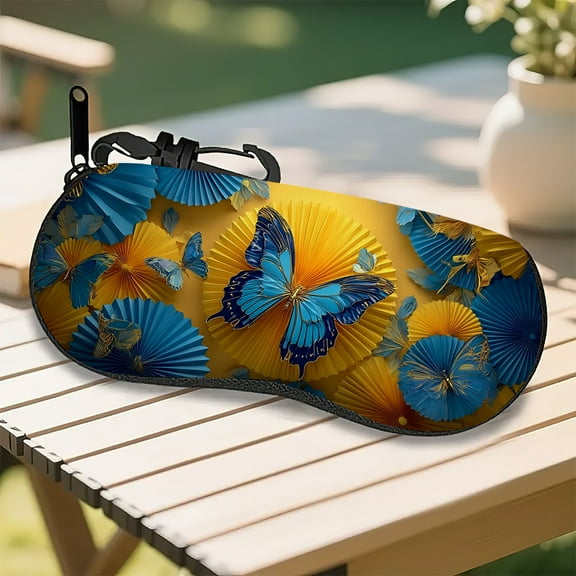 Vibrant Butterfly and Paper-Cut Theme Pattern Design Neoprene Glasses Case with Zipper - Ultra-Light Travel Glasses Pouch, Fits All Sunglasses, Eyeglasses & Accessories