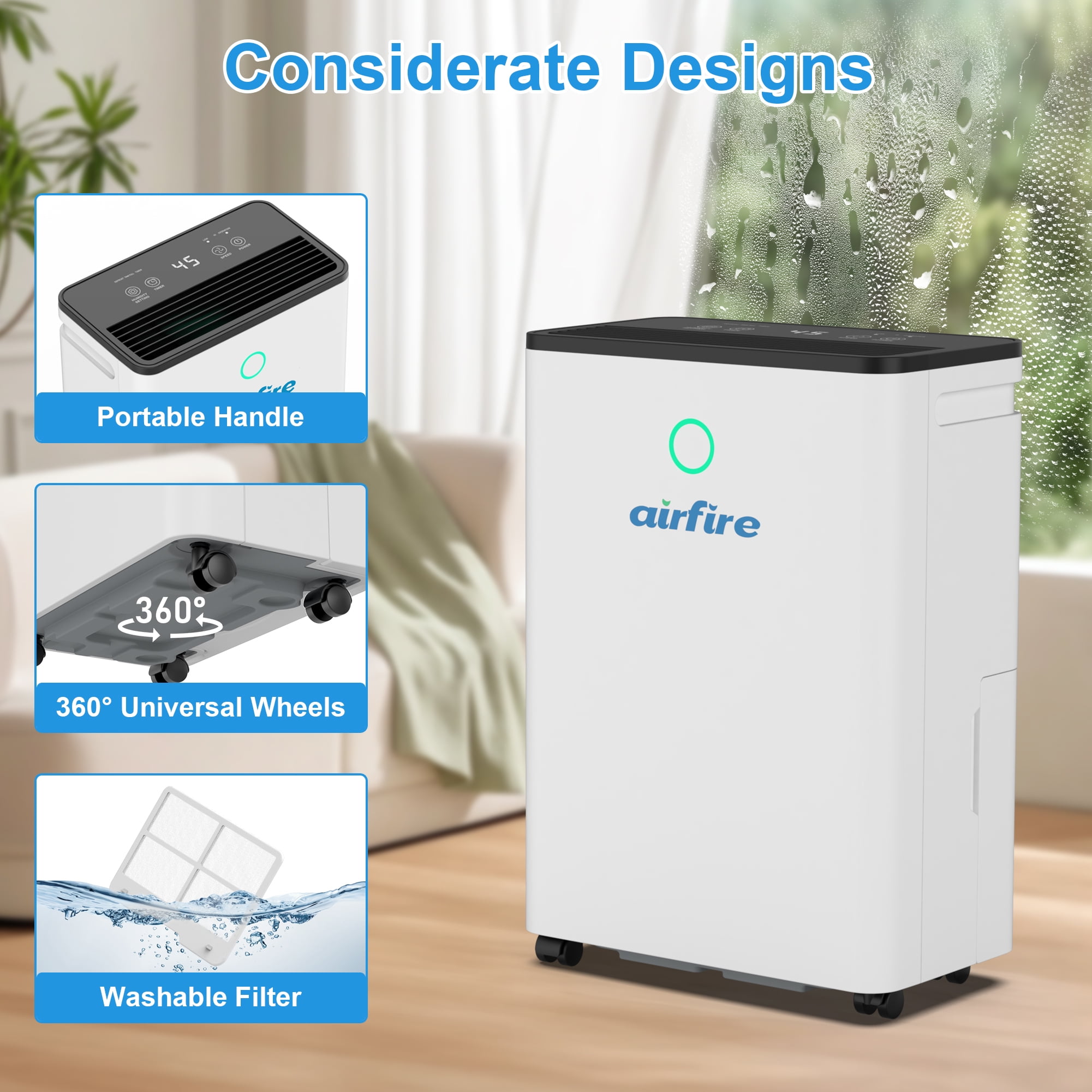 AIRFIRE Dehumidifier, 19 Pint (DOE) Dehumidifier with Drain Hose, Max 2500 Sq.Ft Dehumidifiers for Home Basement, 0.66 Gal Water Tank, Overflow Protection, Auto Defrost& Drain, Humidity Indicator