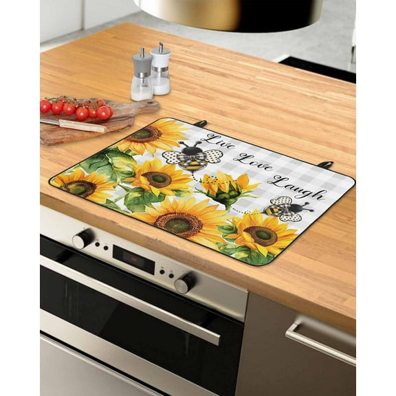nqOlkjepod Large Induction Cooktop Protector Mat 24"x21", Sunflower Bee Stove Top Covers for Electric Stove, Grey Buffalo Checkered Botanical Floral Stove Burner Cover Mats, Glass Top Stove Cover