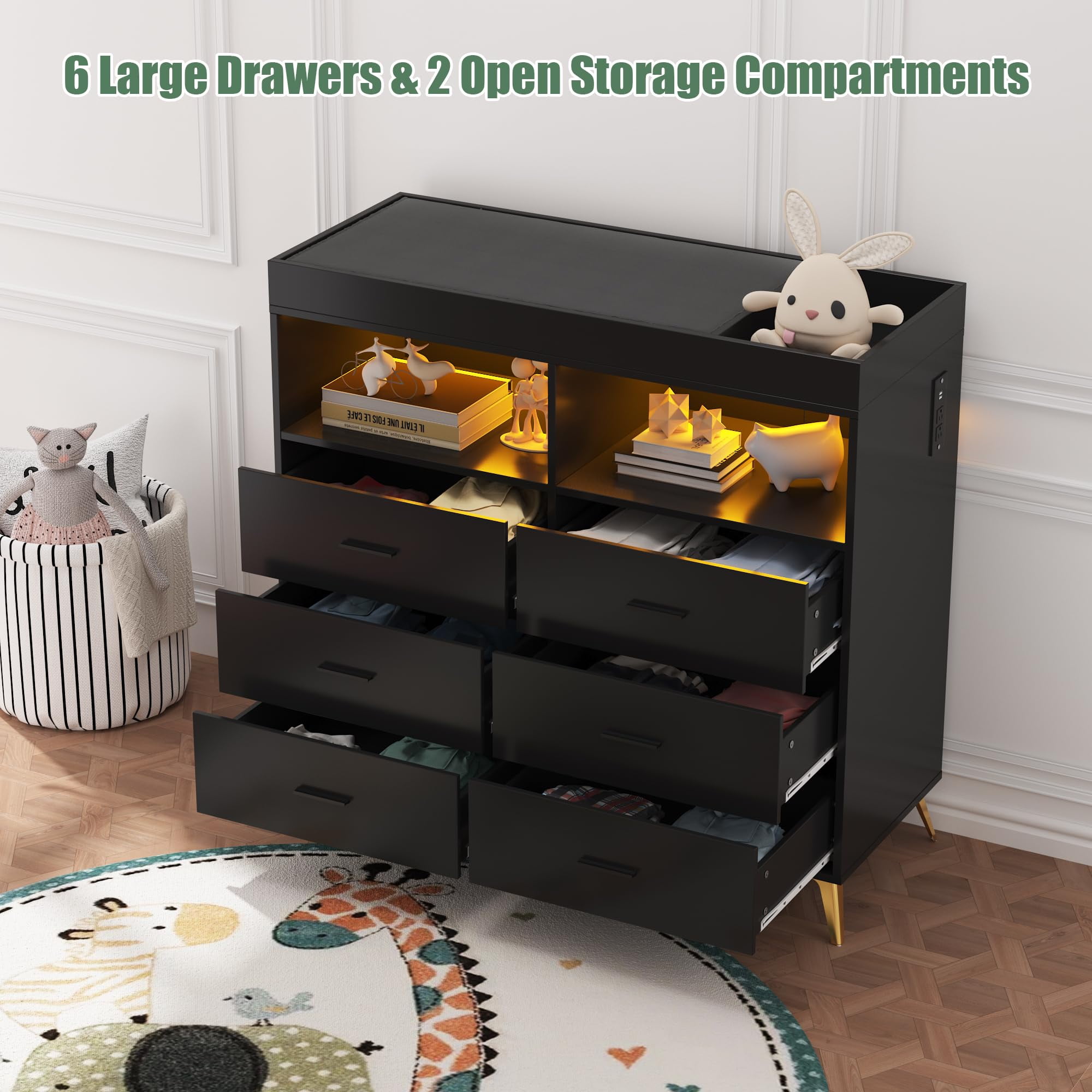 Luku Dresser for Bedroom with LED Lights and Power Outlet, Baby Changing Table Dresser with 6 Drawers, 2 Open Storage Shelves, Baby Dresser with Changing Table Top