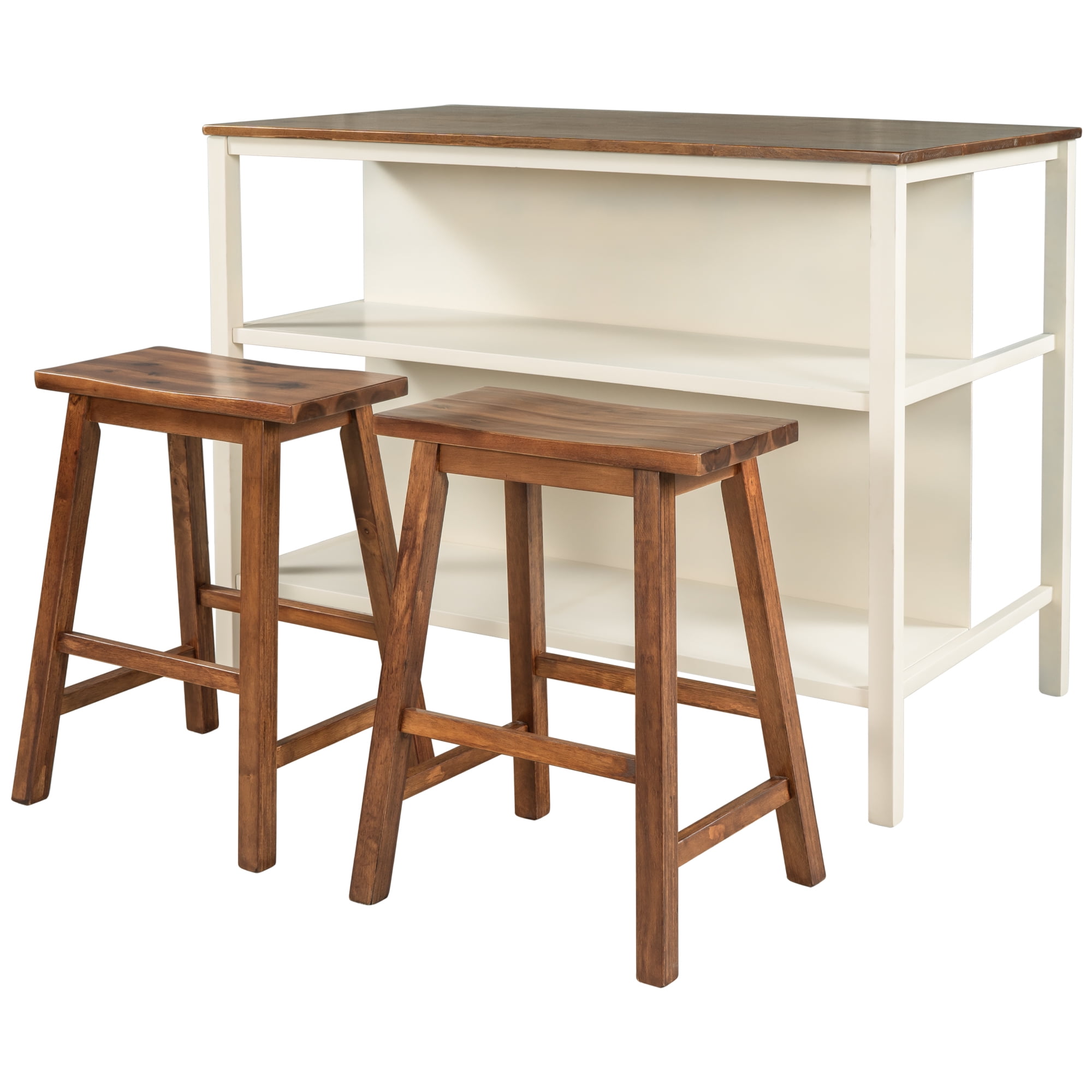 Harper & Bright Designs 3 Piece Kitchen Island Set with 2 Stools, Solid Wood Rustic Butcher Block Dining Table Set Prep Table Set with Shelves for Small Places, Walnut+White