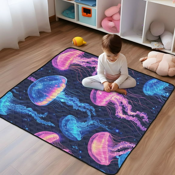 WOBOGO Luminous Jellyfish Baby Playmats Extra Large Waterproof Rollable Activity Pads for Toddlers 50×50inch