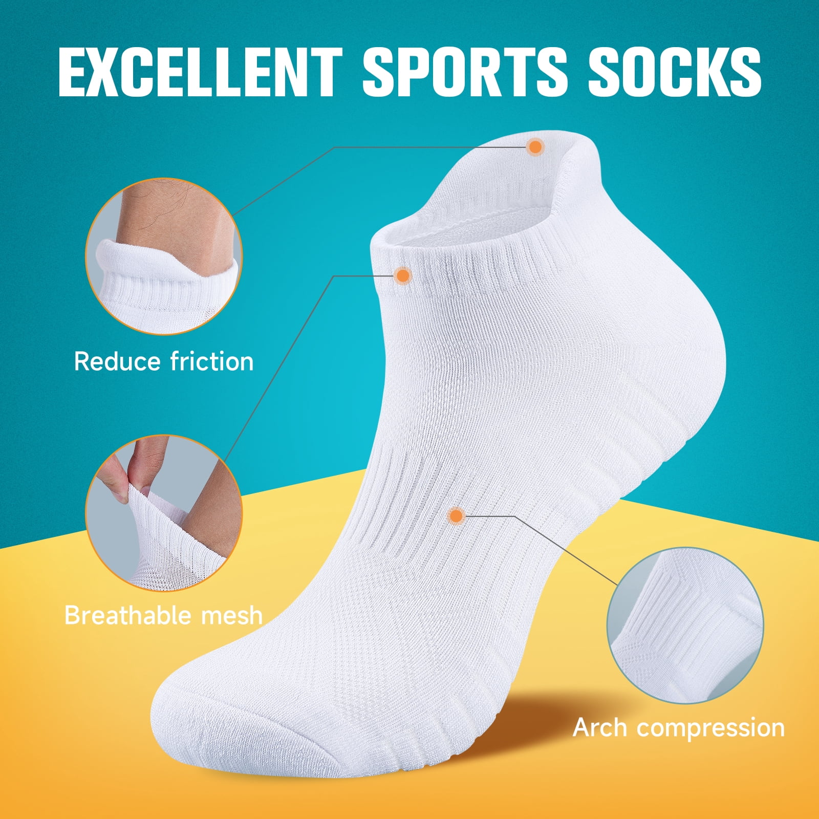 BISPOY Athletic Running Ankle Socks, Low Cut Cushioned Anti-Blister Tab Sports Socks Men Women 6Pairs, Size S(5-7) White