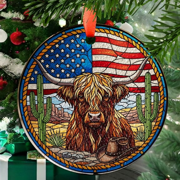 Patriotic Highland Cow Suncatcher , 4th of July Glass Window Decor , USA Flag Western Cactus Art , Rustic Farmhouse Gift, Ornament 2025, Holiday Decoration, Seasonal 2025, Holiday