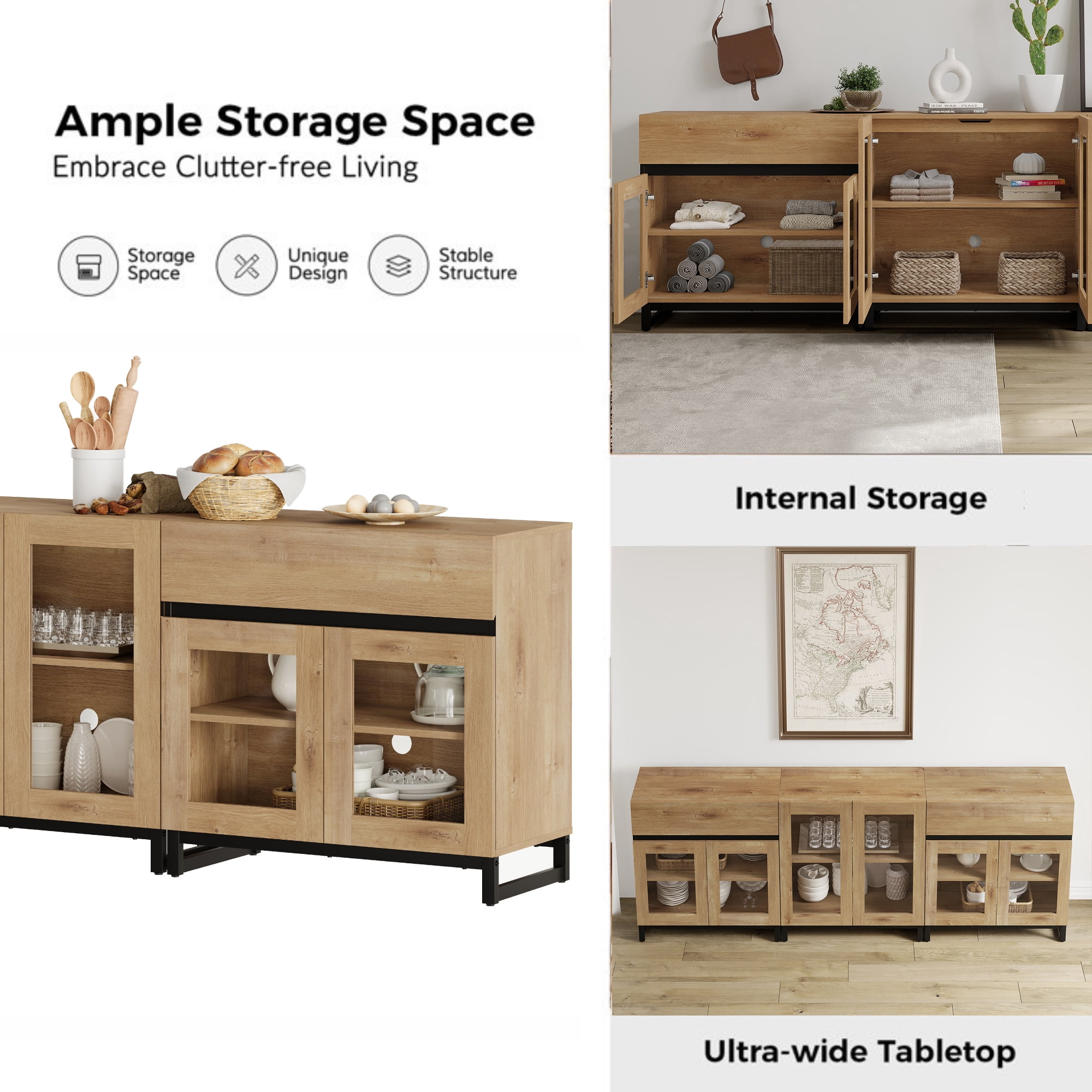 WAMPAT Storage Cabinet with Glass Doors, 3 in 1 Modern Sideboard with Adjustable Shelves and 2 Drawers, Coffee Bar Cabinet for Living Room, Kitchen, Oak