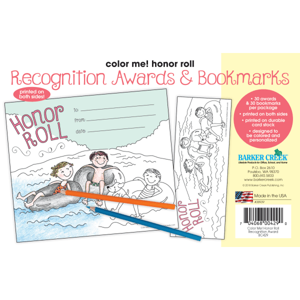 Barker Creek Color Me! Awards And Bookmarks Set, Honor Roll